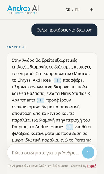 Andros AI: accommodation suggestions in Andros